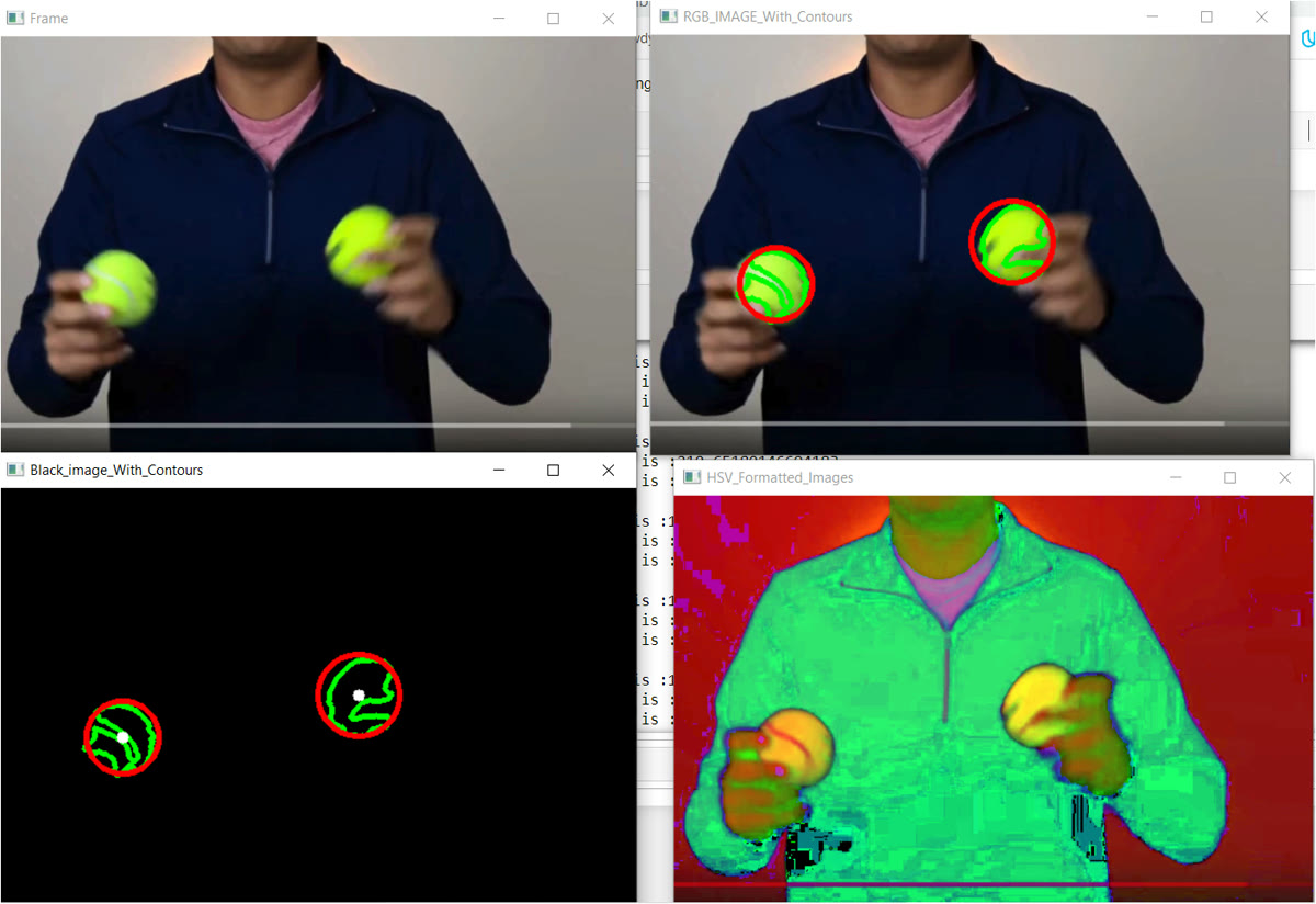Four video frames of Subrat holding two tennis balls, showing the raw frame, detected contours drawn in red, the binary mask, and the HSV view